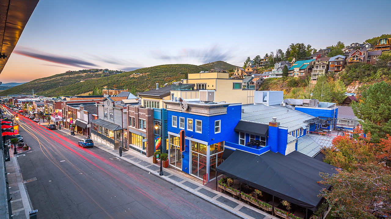 USA Town View Over Main Street with Shops & Small Businesses