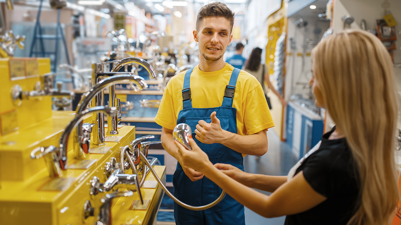 Assistant and female customer choosing shower in hardware store