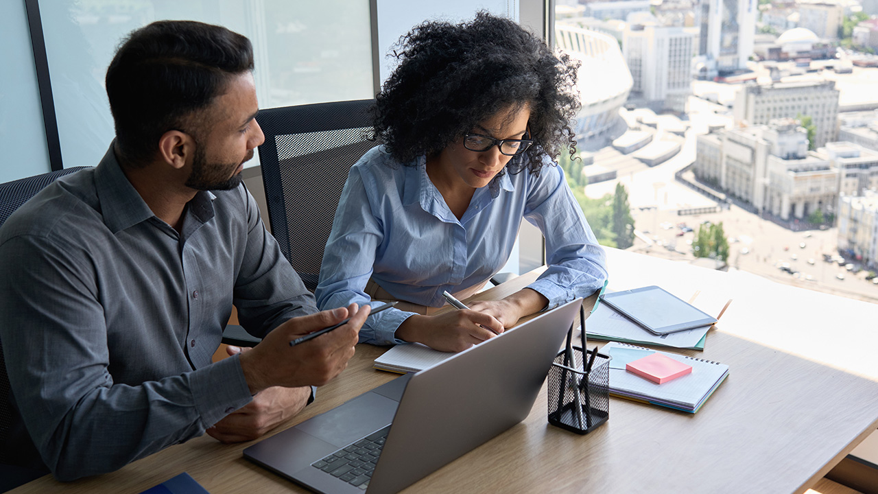 Mentor and intern employee sitting with laptop in office