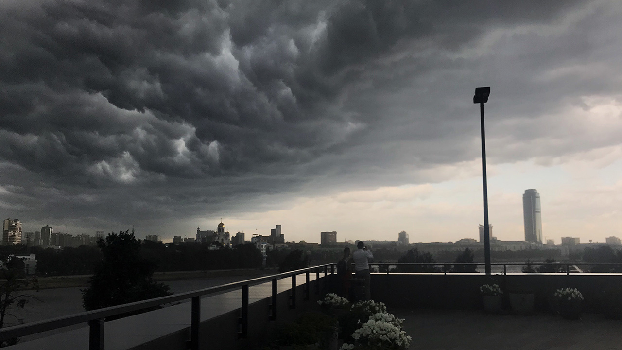 Storm clouds over a city scape