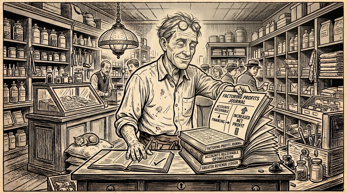 Vintage newspaper-style cartoon of a shop owner at a bookkeeper's desk comparing a thin ledger with a thick factoring profits journal